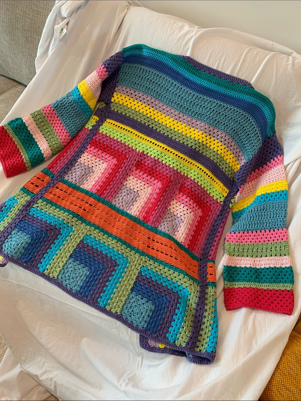 100%Cotton Granny square rainbow 🌈🦋🌺patchwork Open Cardigan Sweater - Vibrant . - Picture 8 of 17